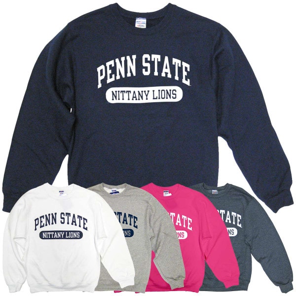 white, oxford, pink, heather blue, and navy crew neck sweatshirts with arched Penn State above Nittany Lions